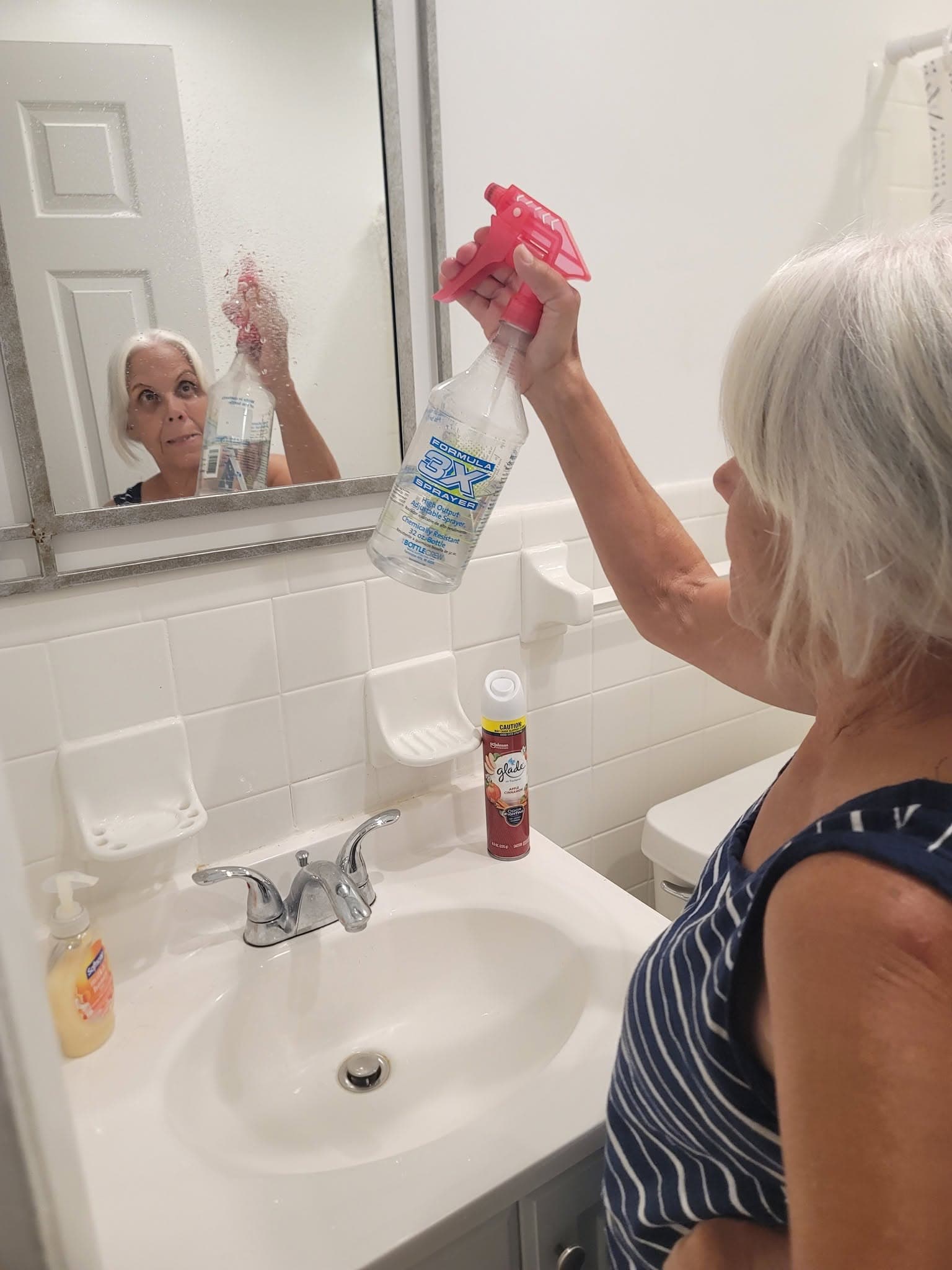Cleaner spraying a bathroom mirror above the vanity